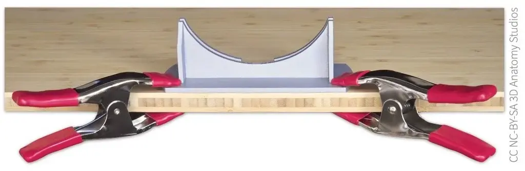 Photo of the cross-section plate bracket clamped to the edge of a tabletop by two spring clamps